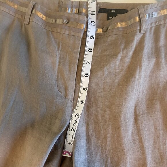 H&M Women’s Size 14 Pants 100% Linen Wide Leg Pockets Mid Rise Tan Taupe Office - Picture 9 of 10